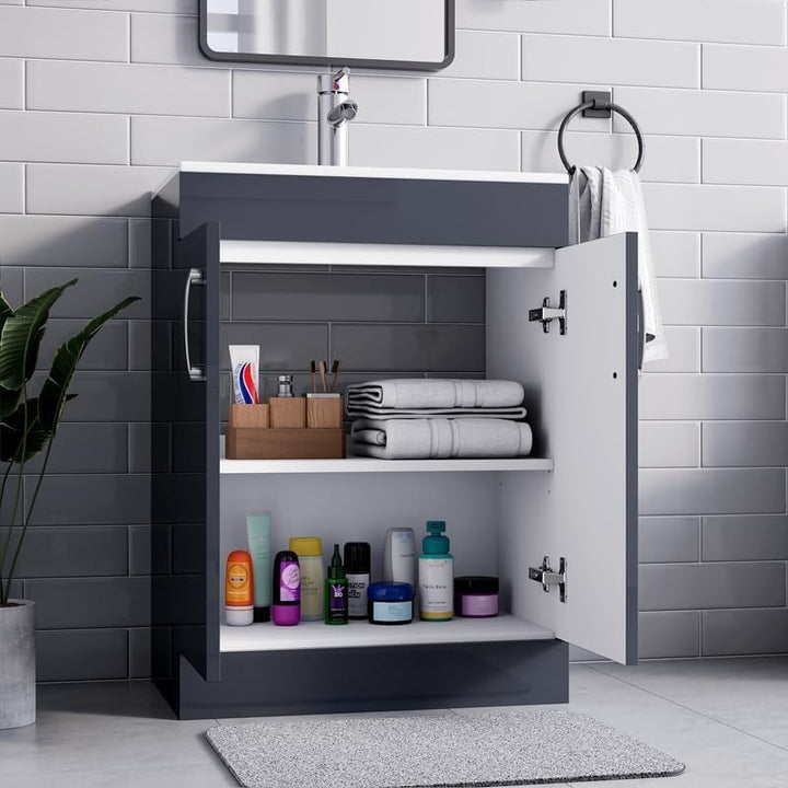 500mm grey gloss vanity unit with open cabinet door showing internal storage shelves and towels