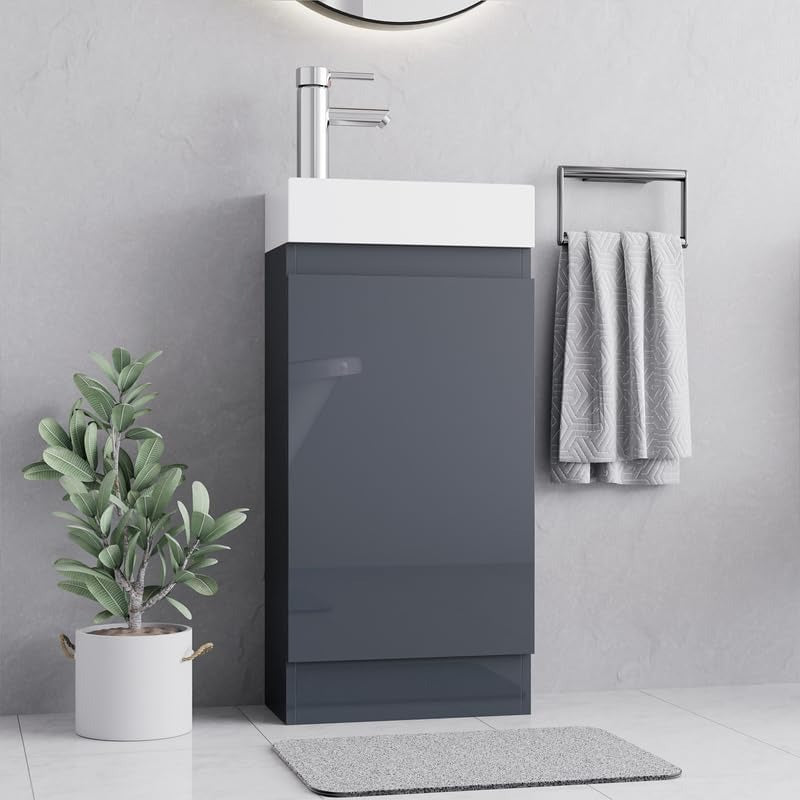 Grey gloss vanity unit 400mm with white ceramic sink and chrome faucet in modern bathroom